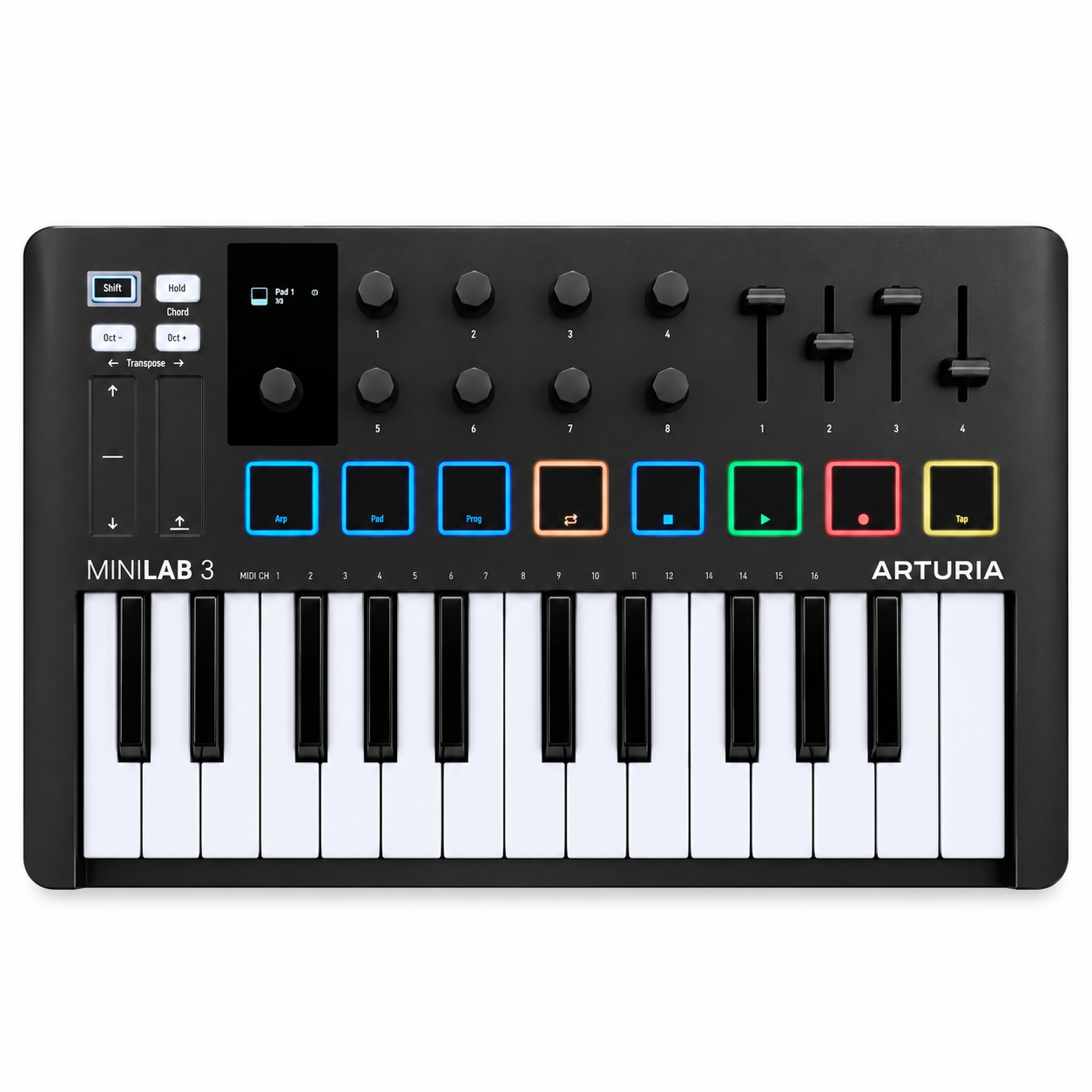 Controlador MIDI Arturia MiniLab 3 BK de 25 Teclas, USB-C, 8 Pads RGB y 8 Encoders — Negro